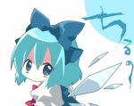  1girl ana_(rznuscrf) blue_eyes blue_hair bow cirno face hair_bow short_hair simple_background smile solo touhou translated wings 