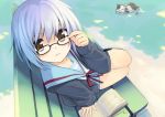  cardigan cat glasses nagato_yuki piah school_uniform shamisen_(suzumiya_haruhi) short_hair silver_hair sitting suzumiya_haruhi_no_yuuutsu yellow_eyes 