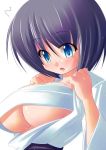  blue_eyes breasts embarrassed huge_breasts kourourin open_clothes open_mouth open_shirt shirt short_hair under_boob underboob 