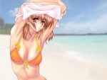  beach bikini bikini_top brown_hair long_hair nas-o orange_eyes solo swimsuit undressing wallpaper 