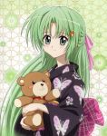  green_hair higurashi_no_naku_koro_ni japanese_clothes kimono long_hair sonozaki_shion stuffed_animal stuffed_toy teddy_bear yukata 