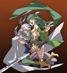  :d armor bad_id blush boots breasts cape dress edward_geraldine final_fantasy final_fantasy_iv green_eyes green_hair grey_eyes koma long_hair mask ninja open_mouth rydia silver_hair smile sword weapon 