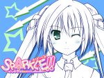  aqua_eyes blush buckle buckles green_eyes long_hair monochrome necktie smile solo sparkle!! spot_color t-ray twintails wallpaper wink 