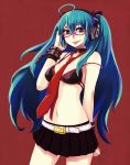  :p belt bespectacled chan_co choker cuffs glasses green_hair hatsune_miku headphones highres long_hair navel necktie skirt strap_slip tongue vocaloid 