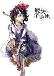  black_eyes black_hair bow broom broom_riding cat ghibli hair_bow jiji_(character) kiki kiki&#039;s_delivery_service majo_no_takkyuubin studio_ghibli witch 