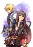  armor black_hair blonde_hair blue_eyes dog flynn_scifo kiseru lowres male multiple_boys pipe purple_eyes repede smile sword tales_of_(series) tales_of_vesperia violet_eyes weapon yuri_lowell 