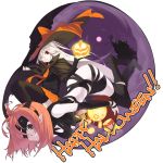  bandages bat bats eyepatch halloween hat highres jack-o'-lantern long_hair moon naked_bandage orange_hair pale_skin pointy_ears pumpkin red_eyes senmu short_hair strap straps thigh-highs thighhighs white_hair wink witch_hat 