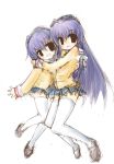  bad_id brown_eyes clannad fujibayashi_kyou fujibayashi_ryou hug long_hair purple_hair school_uniform short_hair siblings sisters sketch thigh-highs thighhighs twins 