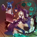  blue_eyes book boots cat demon floating hat kotetsu_motoya long_hair original pumpkin sitting thigh-highs thigh_boots thighhighs wings witch witch_hat 