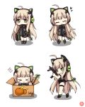  &gt;_&lt; 1girl :3 ahoge animal_ears bangs black_jacket black_leotard blonde_hair blush bow box cat_ear_headphones cat_ears cat_tail character_name chibi commentary_request eyebrows_visible_through_hair flying_sweatdrops food fruit geukhan_taeyang girls_frontline green_bow green_eyes gun hair_between_eyes headphones heart holding holding_gun holding_weapon in_box in_container jacket knees_together_feet_apart leotard long_hair looking_at_viewer looking_back multiple_views open_mouth orange sidelocks simple_background solo steyr_tmp submachine_gun tail tail_bow thigh_strap tmp_(girls_frontline) triangle_mouth very_long_hair weapon weapon_bag white_background 