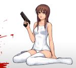  bad_id blood breasts brown_eyes brown_hair gun handgun long_hair m1911 one-piece_swimsuit original pistol school_swimsuit sitting swimsuit thigh-highs thighhighs wariza weapon white_school_swimsuit 