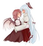  animal_ears blush bow brown_hair fujiwara_no_mokou hair_bow hug makoto_(pixiv) makoto_jon multiple_girls mystia_lorelei silver_hair touhou wings 