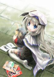  cape cd happy hat highres little_busters! little_busters!! magazine noumi_kudryavka school_uniform silver_hair smile thighhighs 