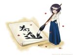  1600x1200 barefoot bob_cut calligraphy calligraphy_brush giant_brush hakama headband highres japanese_clothes kawazoe_tamaki leaf leaves paintbrush short_hair translated translation_request wallpaper 