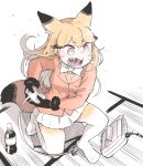  1girl absurdres animal_ears bow bowtie coat controller distress eyebrows_visible_through_hair ezo_red_fox_(kemono_friends) fangs flying_sweatdrops fox_ears fox_tail fur_trim game_console game_controller gloves gradient_legwear hare_(tetterutei) highres kemono_friends long_hair long_sleeves multicolored_hair necktie no_shoes one_knee open_mouth orange_eyes orange_hair orange_legwear pantyhose pleated_skirt skirt soda_bottle solo sweatdrop tail unplugged white_hair white_legwear 
