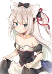  1girl :t animal_ears azur_lane bangs bare_shoulders black_bow black_dress blue_eyes blush bow breasts cat_ears choker closed_mouth collarbone commentary_request detached_sleeves dress eyebrows_visible_through_hair hair_between_eyes hair_bow hair_ribbon hammann_(azur_lane) long_hair looking_at_viewer midorikawa_you one_side_up pout puffy_short_sleeves puffy_sleeves red_choker red_ribbon remodel_(azur_lane) ribbon short_sleeves sidelocks silver_hair simple_background small_breasts solo strapless strapless_dress very_long_hair white_background wrist_cuffs 
