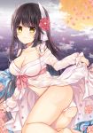  1girl arm_support ass azur_lane bangs bare_legs bare_shoulders barefoot blush breasts brown_eyes brown_hair cleavage closed_mouth clouds collarbone commentary_request eyebrows_visible_through_hair feet_out_of_frame fingernails flower full_moon hair_flower hair_ornament hiei_(azur_lane) japanese_clothes kimono large_breasts long_hair long_sleeves moon navel open_clothes open_kimono panties petals puffy_long_sleeves puffy_sleeves red_flower shikino_(sikinonono) sleeves_past_wrists smile solo underwear very_long_hair white_kimono white_panties 