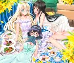  3girls :d all_fours armchair asobi_asobase bangs bare_arms bare_shoulders black_hair blonde_hair blue_eyes blue_hairband blurry blurry_foreground blush book breasts brown_eyes chair cleavage closed_mouth collarbone commentary_request cup cupcake depth_of_field dress eyebrows_visible_through_hair fingernails flower food hair_between_eyes hairband hands_up holding holding_book honda_hanako indoors long_hair lying medium_breasts multiple_girls nomura_kasumi off-shoulder_dress off_shoulder olivia_(asobi_asobase) on_back open_book open_mouth petals plaid purple_dress round_teeth saucer short_hair sidelocks sitting sleeveless sleeveless_dress small_breasts smile swordsouls tea teacup teapot teeth tiered_tray upper_teeth very_long_hair white_dress wooden_floor yellow_flower 