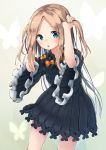  1girl :o abigail_williams_(fate/grand_order) arms_up bangs black_bow black_dress blush bow bug bunching_hair butterfly commentary_request dress eyebrows_visible_through_hair fate/grand_order fate_(series) fingernails forehead green_eyes head_tilt highres insect light_brown_hair long_hair long_sleeves looking_at_viewer mamemochi no_hat no_headwear object_hug orange_bow parted_bangs parted_lips polka_dot polka_dot_bow solo stuffed_animal stuffed_toy teddy_bear two_side_up very_long_hair wide_sleeves 