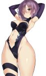  1girl absurdres armpits arms_up ass_visible_through_thighs blush breasts cleavage cleavage_cutout cowboy_shot elbow_gloves fate/grand_order fate_(series) gloves hair_over_one_eye highres hip_bones leotard looking_at_viewer mash_kyrielight medium_breasts navel navel_cutout purple_gloves purple_hair short_hair simple_background single_thighhigh solo sweat tani_wataru thigh-highs thigh_strap violet_eyes white_background 