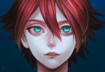  1boy blue_background blue_eyes commentary_request copyright_request hair_between_eyes male_focus murasaki_(fioletovyy) parted_lips portrait red_lips redhead signature simple_background solo 