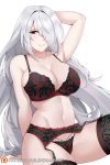  1girl arm_support arm_up armpits aslindsamure blush bra breasts cleavage closed_mouth collarbone eyebrows_visible_through_hair garter_belt garter_straps girls_frontline hair_over_one_eye half-closed_eyes highres knee_up large_breasts lingerie long_hair looking_at_viewer panties patreon_username pk_(girls_frontline) red_bra red_eyes red_panties silver_hair sitting skindentation smile solo thigh-highs thighs underwear underwear_only very_long_hair white_background 