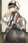  1girl ass bangs black_gloves black_legwear blonde_hair blush breasts capelet closed_mouth commentary_request covered_nipples curvy eyebrows_visible_through_hair from_behind gloves graf_zeppelin_(kantai_collection) green_eyes hair_between_eyes hat highres indoors jacket kantai_collection large_breasts long_hair looking_at_viewer looking_back machinery military military_hat military_uniform pantyhose peaked_cap saizu_nitou_gunsou sidelocks skirt skirt_lift smile uniform white_hat 