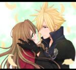  1boy 1girl aerith_gainsborough armor black_border black_gloves blonde_hair blue_cardigan blue_eyes border brown_hair cardigan closed_mouth cloud_strife couple earrings eye_contact final_fantasy final_fantasy_vii floating_hair from_side gloves green_eyes hair_between_eyes hetero jacket jewelry krudears letterboxed long_hair looking_at_another petals red_jacket shoulder_armor smile spiky_hair upper_body 