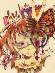  :| artist_name bow brown_bow bug butterfly closed_mouth collarbone hair_bow hands highres insect long_hair looking_at_viewer marker_(medium) mutsuki_(mtking) orange_hair original pink_eyes stitches traditional_media 