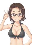  1girl adjusting_eyewear aimobake bangs bespectacled bikini black-framed_eyewear black_bikini blush breasts brown_eyes brown_hair cleavage closed_mouth commentary eyebrows_visible_through_hair front-tie_bikini front-tie_top girls_und_panzer glasses hand_on_hip highres looking_at_viewer medium_breasts parted_bangs sawa_azusa short_hair simple_background smile solo standing swimsuit upper_body white_background 