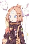  1girl :o abigail_williams_(fate/grand_order) absurdres azureine bag balloon bangs black_bow black_jacket blonde_hair blue_eyes bow character_name commentary_request crossed_bandaids eyebrows_visible_through_hair fate/grand_order fate_(series) food fou_(fate/grand_order) hair_bow hair_bun heroic_spirit_traveling_outfit highres holding holding_balloon jacket long_hair long_sleeves looking_away medjed object_hug orange_bow parted_bangs parted_lips pocky polka_dot polka_dot_bow shoulder_bag simple_background sleeves_past_fingers sleeves_past_wrists solo stuffed_animal stuffed_toy teddy_bear white_background 
