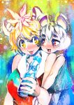  2girls :3 :d animal_ears bangs bare_shoulders black_hair blonde_hair breasts closed_mouth eyebrows_visible_through_hair grey_hair hair_between_eyes hair_ornament hakkasame kemonomimi_mode large_breasts looking_at_another mouse_ears multicolored_hair multiple_girls nazrin open_mouth red_eyes short_hair smile streaked_hair tiger_ears tongue tongue_out toramaru_shou touhou twitter_username two-tone_hair yellow_eyes 