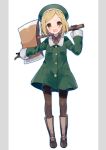 1girl :d axe bangs beret blonde_hair blush boots brown_eyes brown_footwear brown_gloves brown_legwear brown_shirt buttons collared_shirt fate/grand_order fate_(series) full_body gloves green_coat green_hat grey_background hand_up hat head_tilt highres holding holding_axe ikeuchi_tanuma long_sleeves looking_at_viewer open_mouth over_shoulder pantyhose paul_bunyan_(fate/grand_order) pocket shirt shoes short_hair smile solo standing two-tone_background weapon weapon_over_shoulder white_background 