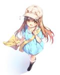  +_+ 1girl bag blush boots brown_eyes brown_hair collarbone commentary_request flag flat_cap hat hataraku_saibou highres miwabe_sakura open_mouth platelet_(hataraku_saibou) short_sleeves shorts simple_background solo waving white_background 