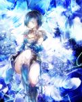  1girl armor bahamut_lagoon black_hair blue blue_headband blue_legwear boots breasts cleavage earrings fingerless_gloves flower gloves hair_over_one_eye jeanne_(bahamut_lagoon) jewelry knife small_breasts solo touka_(jue) 