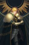  1boy armor blonde_hair blue_eyes cape crossed_arms dark_background dated fate/extra fate/grand_order fate_(series) fur_trim gauntlets gawain_(fate/extra) gold_trim highres looking_at_viewer male_focus realistic signature standing tianlingdoudou 