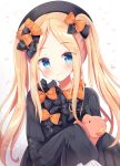  1girl abigail_williams_(fate/grand_order) alternate_hairstyle bangs black_bow black_dress black_hat blonde_hair blue_eyes blush bow bug butterfly closed_mouth commentary_request dress eyebrows_visible_through_hair fate/grand_order fate_(series) forehead hair_bow hat head_tilt highres insect long_hair long_sleeves looking_at_viewer masayo_(gin_no_ame) object_hug orange_bow parted_bangs polka_dot polka_dot_bow simple_background sleeves_past_fingers sleeves_past_wrists smile solo stuffed_animal stuffed_toy teddy_bear twintails very_long_hair white_background 
