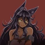  1girl animal_ear_fluff animal_ears bare_shoulders black_hair breasts character_request cleavage closed_mouth cloud_kingdom fox_ears large_breasts long_hair looking_at_viewer original pas_(paxiti) red_background shade simple_background slit_pupils solo upper_body yellow_eyes 