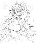  1girl breasts bug butterfly butterfly_eyepatch character_request cleavage cloud_kingdom dress eyepatch greyscale highres insect large_breasts long_hair monochrome original pas_(paxiti) sketch solo tears 
