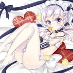  1girl animal azur_lane bangs bare_shoulders bed_sheet belchan_(azur_lane) belfast_(azur_lane) bird blue_bow blue_ribbon blush bow braid breasts chick closed_mouth collarbone commentary_request elbow_gloves eyebrows_visible_through_hair gloves hair_between_eyes hair_ribbon hand_on_thigh head_tilt heart heart_pillow ju_(a793391187) long_hair looking_at_viewer lying maid_headdress navel no_pants no_shoes on_back one_side_up panties panties_under_pantyhose pantyhose pillow ribbon silver_hair small_breasts solo strap_slip striped striped_bow underwear violet_eyes white_gloves white_legwear white_panties 