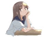  1girl blue_sailor_collar brown_eyes brown_hair character_request chin_rest closed_mouth desk from_behind from_side grey_shirt light_blush looking_at_viewer looking_to_the_side sailor_collar school_uniform serafuku shirt short_sleeves simple_background solo umiroku upper_body v-shaped_eyebrows white_background yuyushiki 