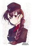  1girl alternate_costume bangs black_hat black_jacket braid brown_eyes brown_hair closed_mouth commentary cropped_torso dated dress_shirt emblem floral_background flower_request garrison_cap girls_und_panzer hair_ornament hair_over_shoulder hair_tie hairclip hat highres jacket kuromorimine_military_uniform long_hair long_sleeves looking_at_viewer military military_hat military_uniform namatyoco red_shirt rukuriri shirt single_braid smile solo twitter_username uniform upper_body 