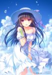  1girl :d artist_name bangs bare_shoulders black_hair blue_sky blush bow character_request clouds collarbone commentary_request day detached_sleeves dress eyebrows_visible_through_hair eyes_visible_through_hair food frilled_dress frilled_sleeves frills hat hat_bow holding holding_food long_hair looking_at_viewer official_art open_mouth outdoors popsicle puffy_short_sleeves puffy_sleeves purple_bow purple_ribbon ribbon riv seirei_gensouki short_sleeves sky smile solo standing violet_eyes white_dress white_hat wind 