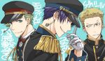  3boys aiguillette aqua_eyes blonde_hair blue_eyes bow bowtie buttons clenched_teeth earrings enfield_(senjuushi) epaulettes facial_scar geweer_(senjuushi) gloves green_hair grin hat high_collar jewelry kinoshita_sakura looking_at_viewer male_focus military military_hat military_uniform multiple_boys official_art peaked_cap purple_hair scar senjuushi:_the_thousand_noble_musketeers short_hair smile snider_(senjuushi) teeth uniform violet_eyes white_gloves 