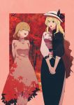  2girls absurdres aki_shizuha arms_behind_back autumn_leaves black_bow black_ribbon blonde_hair bow buttons closed_eyes collared_dress commentary_request dress facing_another hair_between_eyes hat hat_bow hat_ribbon highres irohasu_(sasagarasu) leaf_print long_hair looking_at_another multiple_girls open_mouth ribbon short_hair touhou trait_connection very_long_hair watatsuki_no_toyohime white_hat yellow_eyes 