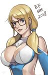  1girl 2018 alternate_hairstyle bangs bare_shoulders bespectacled blue_eyes blue_leotard breasts cleavage cleavage_cutout commentary detached_sleeves earrings english_commentary fuudo glasses jewelry large_breasts leotard lips low_twintails medium_hair no_mask nose phamoz rainbow_mika solo street_fighter street_fighter_v swept_bangs twintails upper_body 