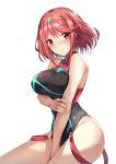  1girl absurdres bare_shoulders between_legs black_swimsuit blush breast_hold breasts closed_mouth commentary earrings eyebrows_visible_through_hair hand_between_legs highres holding_own_arm pyra_(xenoblade) jewelry large_breasts looking_at_viewer luzi nintendo one-piece_swimsuit red_eyes redhead shiny shiny_clothes short_hair sidelocks skindentation solo star star_earrings swimsuit taut_clothes taut_swimsuit tiara white_background xenoblade_(series) xenoblade_2 