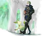  1boy armor black_armor blonde_hair book capelet closed_mouth creatures_(company) dated fire_emblem fire_emblem_if game_freak gen_4_pokemon greaves hairband holding holding_book leafeon leon_(fire_emblem_if) nintendo pokemon pokemon_(creature) robaco short_hair smile standing twitter_username 