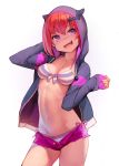  1girl :3 :d arm_up ataruman bikini bikini_under_clothes breasts cleavage contrapposto cowboy_shot eyebrows_visible_through_hair fang front-tie_bikini front-tie_top gabriel_dropout highres hood hood_up hooded_jacket jacket kurumizawa_satanichia_mcdowell long_hair long_sleeves looking_at_viewer low_twintails navel open_clothes open_fly open_jacket open_mouth pink_shorts redhead short_shorts shorts side-tie_bikini simple_background small_breasts smile solo standing striped striped_bikini swimsuit twintails unzipped violet_eyes white_background 