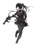  1girl ar-15 assault_rifle bangs black_footwear black_gloves black_hair black_legwear black_skirt black_sweater boots breasts brown_eyes cartridge floating_hair gloves gun hair_between_eyes hair_ornament hairclip highres holding holding_gun holding_weapon knee_boots long_hair long_sleeves looking_away m4_carbine m4_sopmod_ii military miniskirt npt_(akzkfhsk0503) original pantyhose parted_lips pleated_skirt ponytail profile rifle shell_casing simple_background skirt solo standing standing_on_one_leg submachine_gun sweater uniform walkie-talkie weapon weapon_bag white_background 